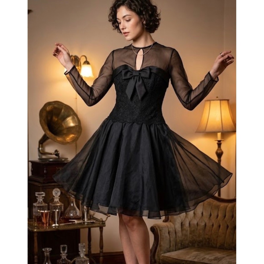 VTG Retro Chris Kole 100% Silk Party  Dress Sheer Sleeve Black Bow Size 6